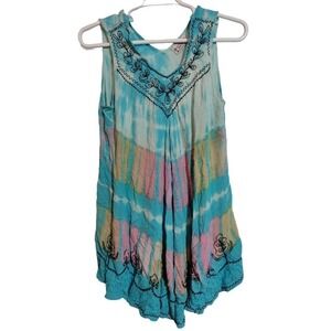 Just Cruising boho flowy asymmetrical dress embroidered blue tie-dye free size